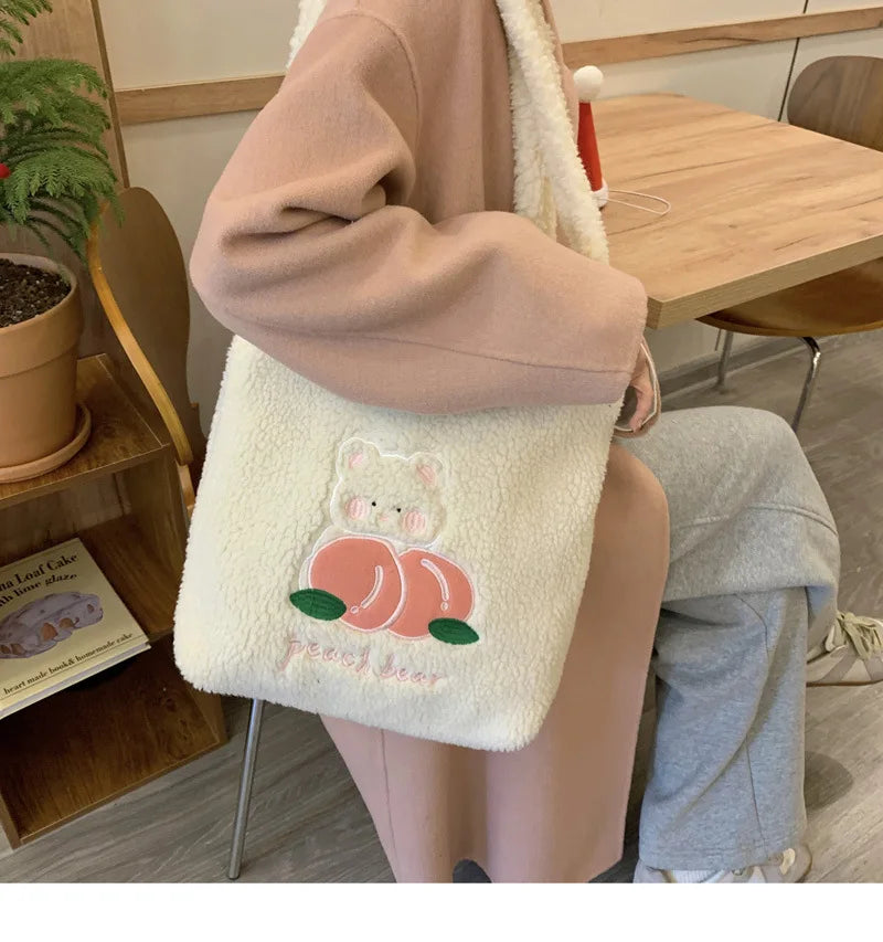 Teddy Fur Character Embroidery Tote Bag