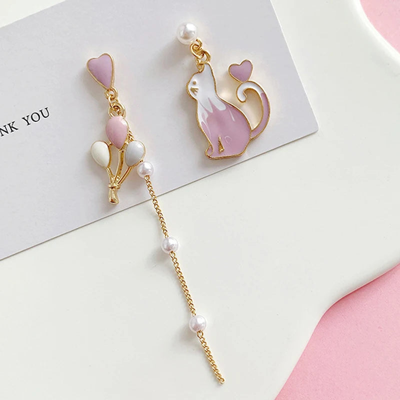 Korean Style Flower Cute Animal Dangle Earrings For Women Moon Stars Kitten Rabbit Balloon Asymmetric Earring Party Jewelry Gift - Ice Cream Cake