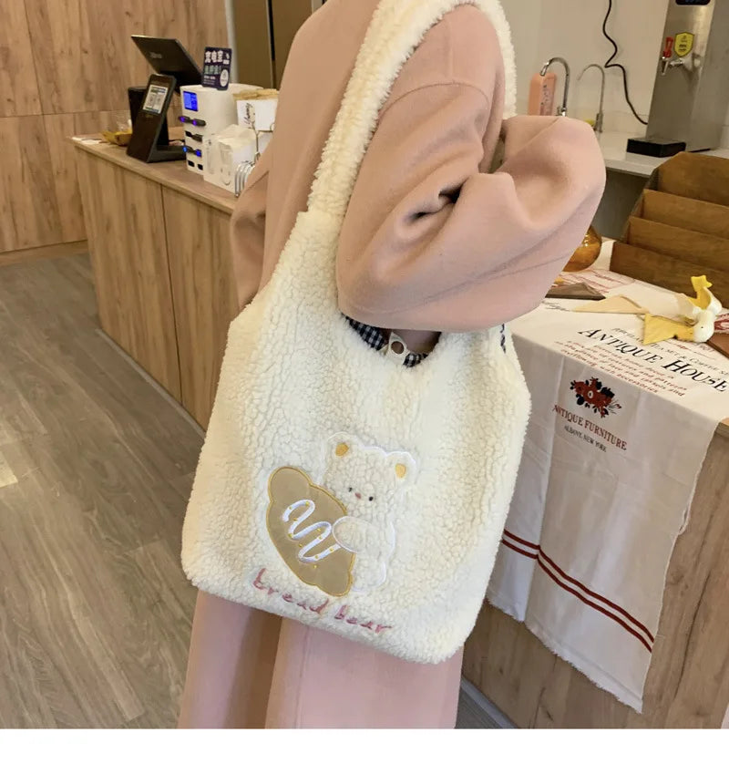 Teddy Fur Character Embroidery Tote Bag