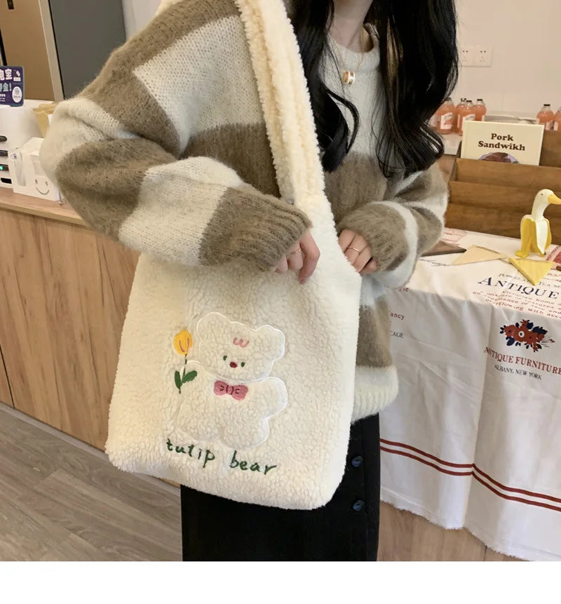 Teddy Fur Character Embroidery Tote Bag