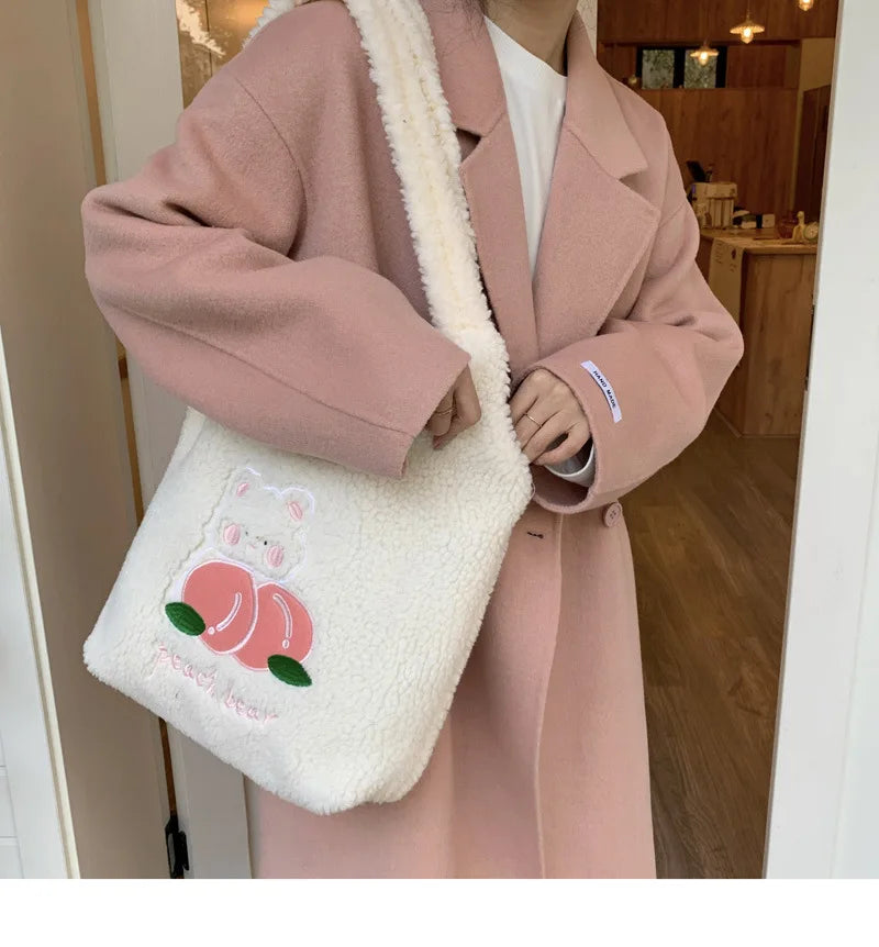 Teddy Fur Character Embroidery Tote Bag