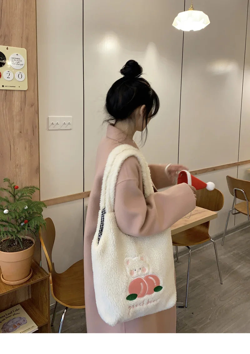 Teddy Fur Character Embroidery Tote Bag