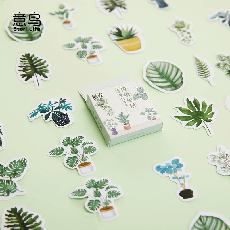 A small illustrated product box sits on a pale mint green background surrounded by scattered plant pot stickers. The box has a white top and sides with green botanical drawings and Chinese text.