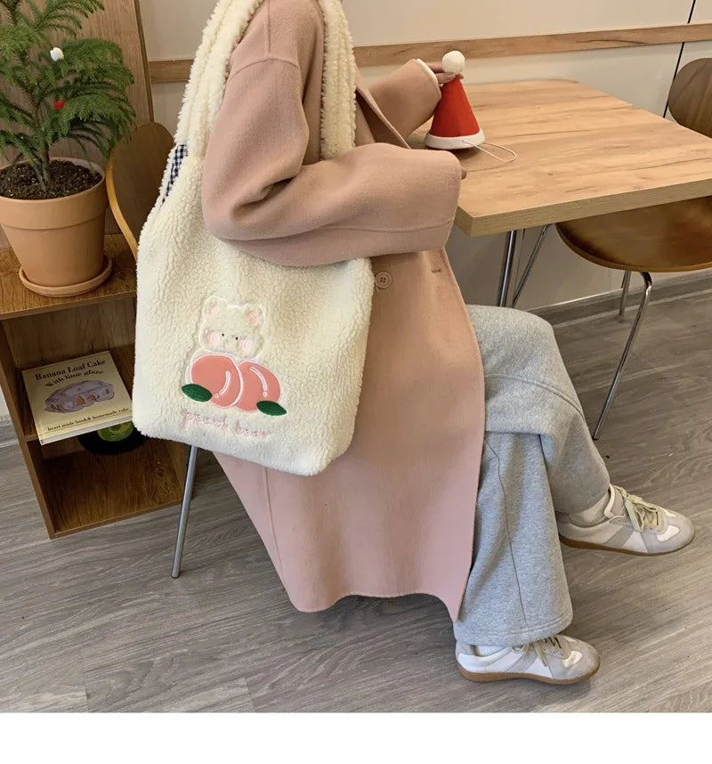Teddy Fur Character Embroidery Tote Bag