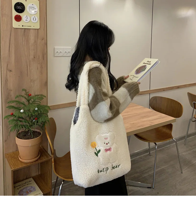 Teddy Fur Character Embroidery Tote Bag
