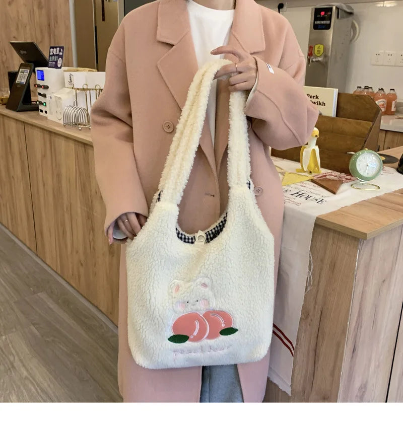 Teddy Fur Character Embroidery Tote Bag