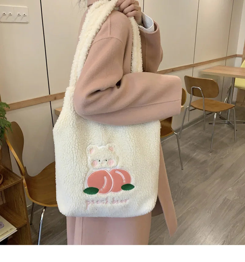 Teddy Fur Character Embroidery Tote Bag