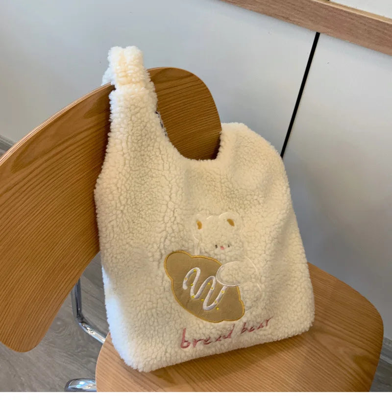 Teddy Fur Character Embroidery Tote Bag