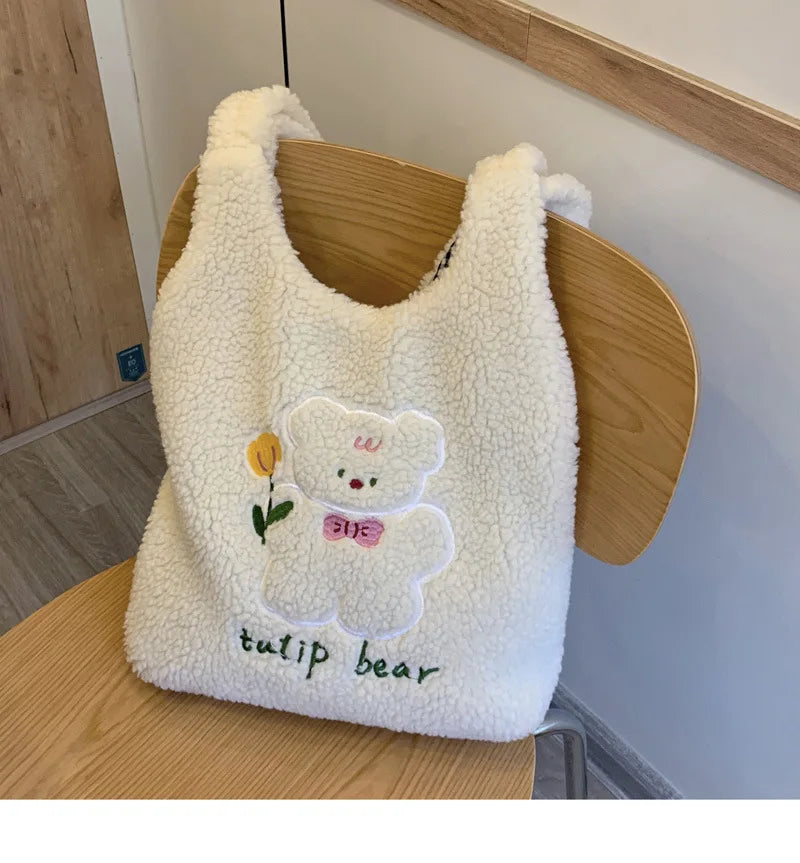 Teddy Fur Character Embroidery Tote Bag