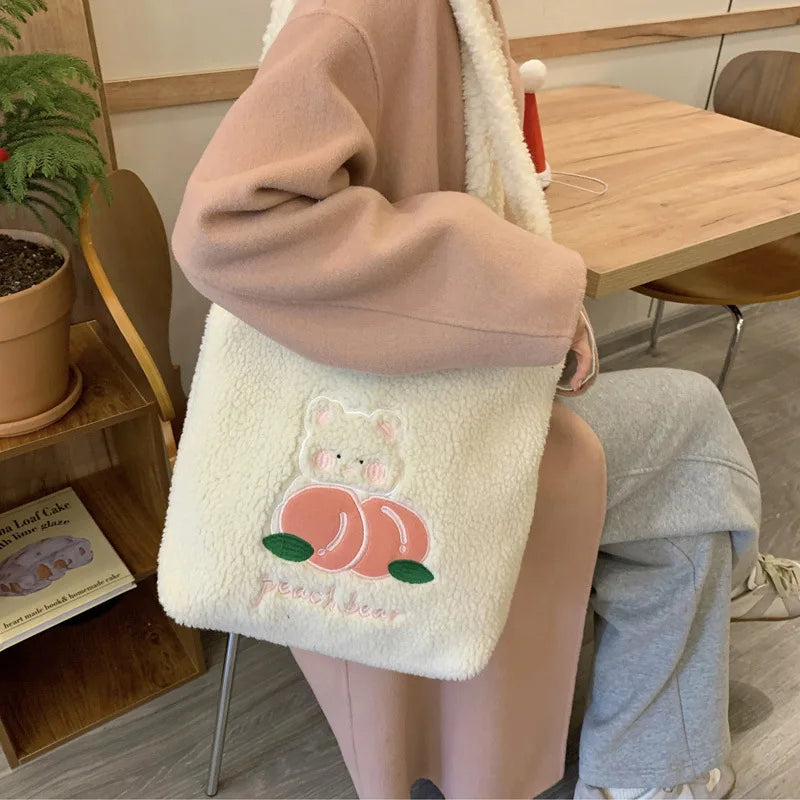 Teddy Fur Character Embroidery Tote Bag