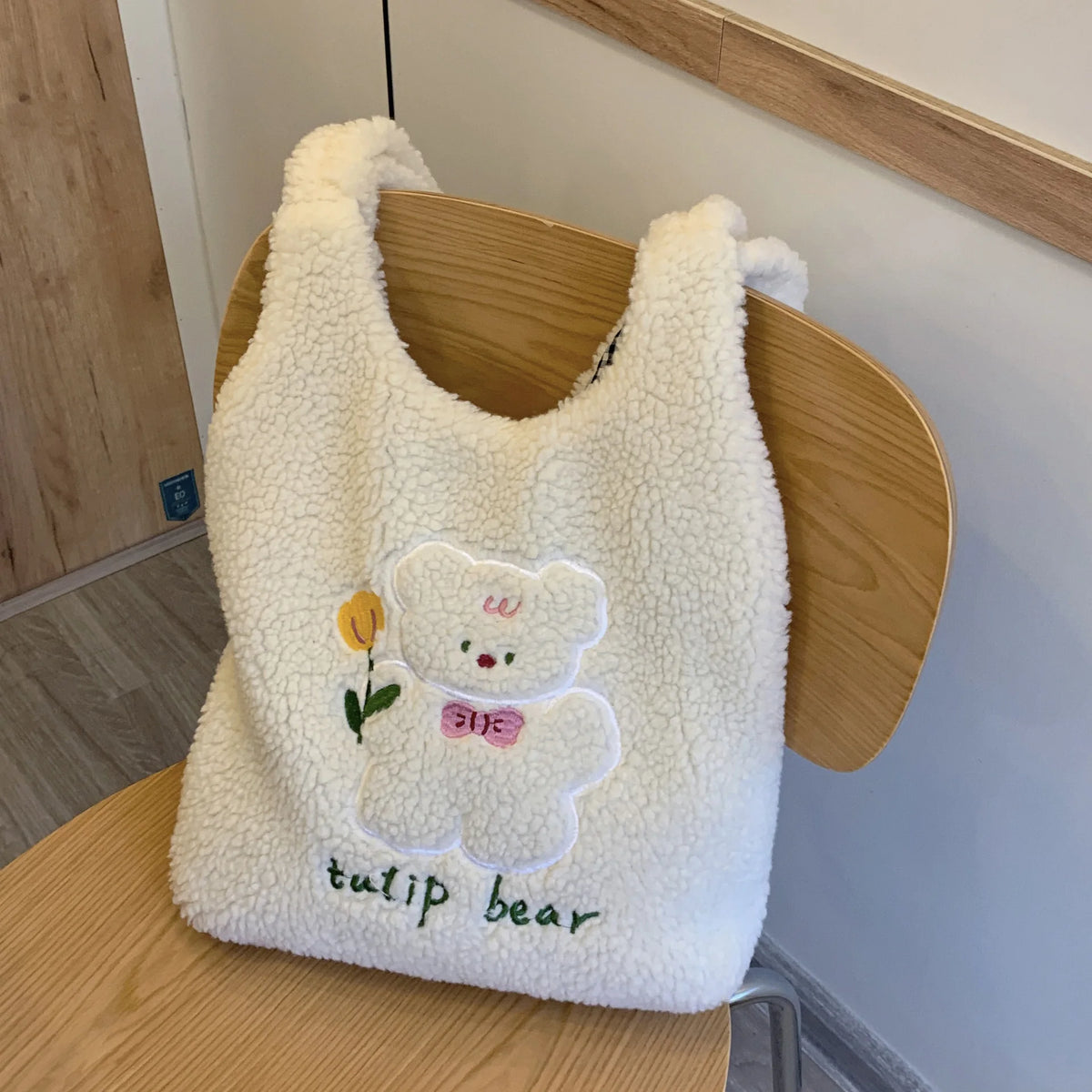 Teddy Fur Character Embroidery Tote Bag