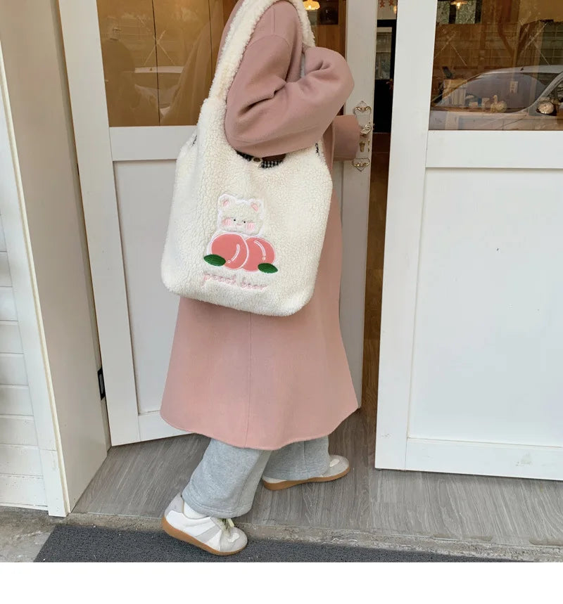 Teddy Fur Character Embroidery Tote Bag