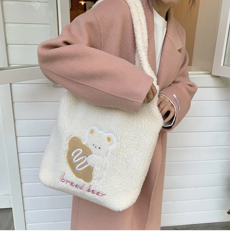 Teddy Fur Character Embroidery Tote Bag