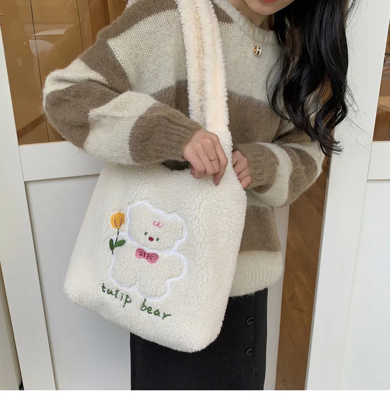 Teddy Fur Character Embroidery Tote Bag