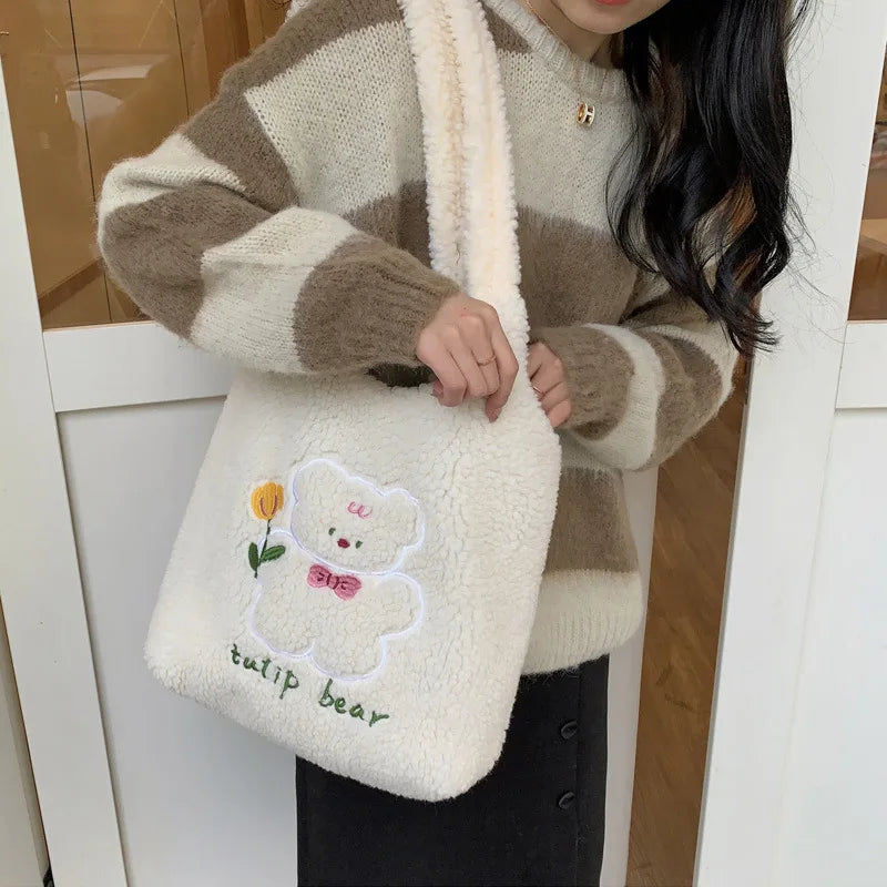 Teddy Fur Character Embroidery Tote Bag