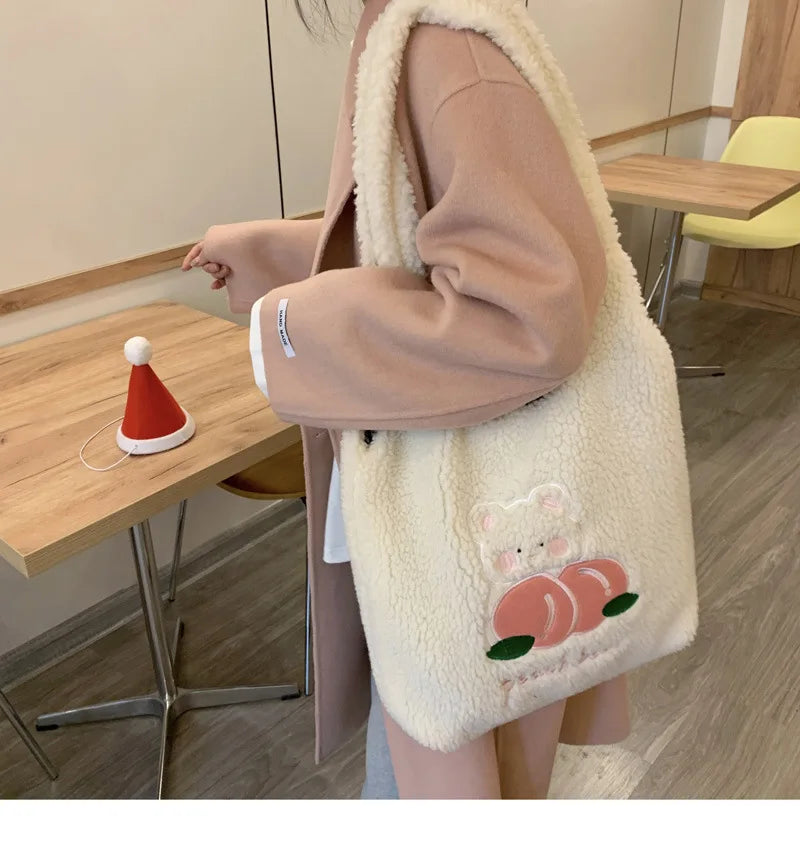 Teddy Fur Character Embroidery Tote Bag