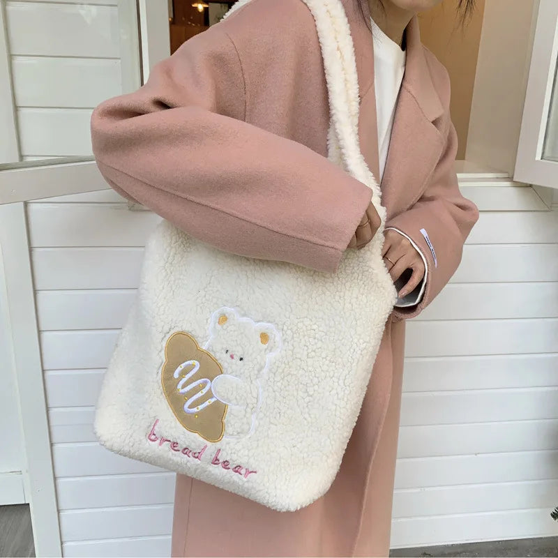 Teddy Fur Character Embroidery Tote Bag