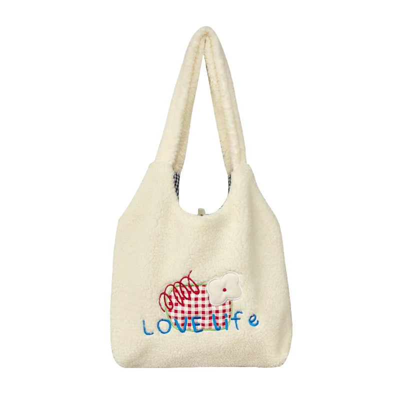Teddy Fur Character Embroidery Tote Bag