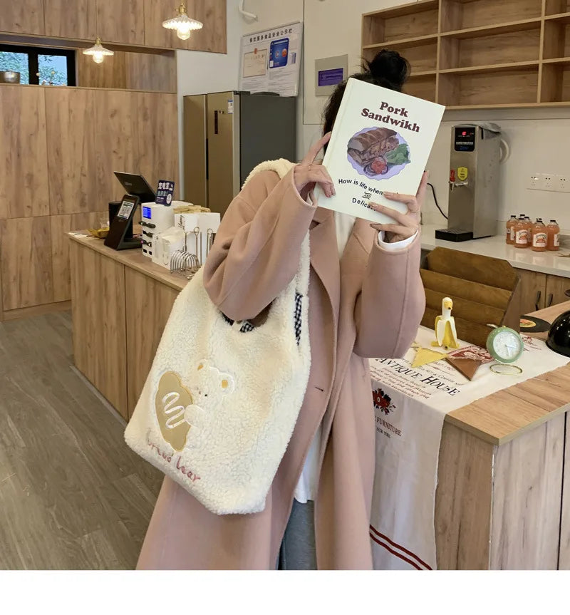 Teddy Fur Character Embroidery Tote Bag