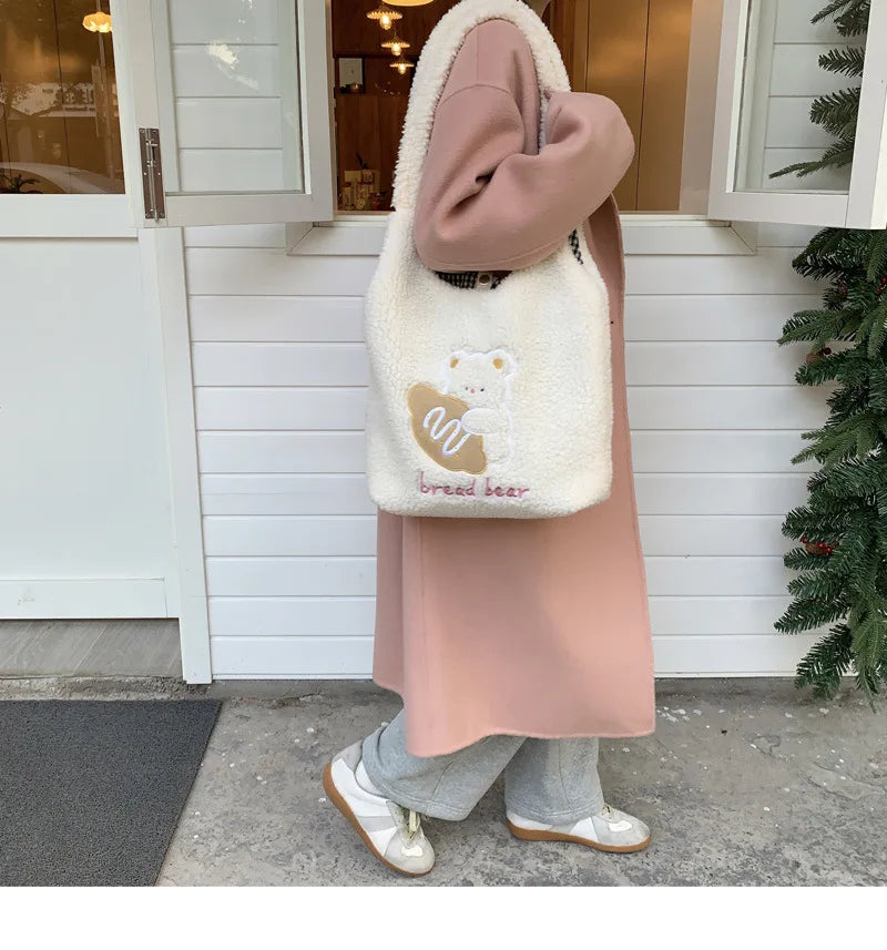 Teddy Fur Character Embroidery Tote Bag