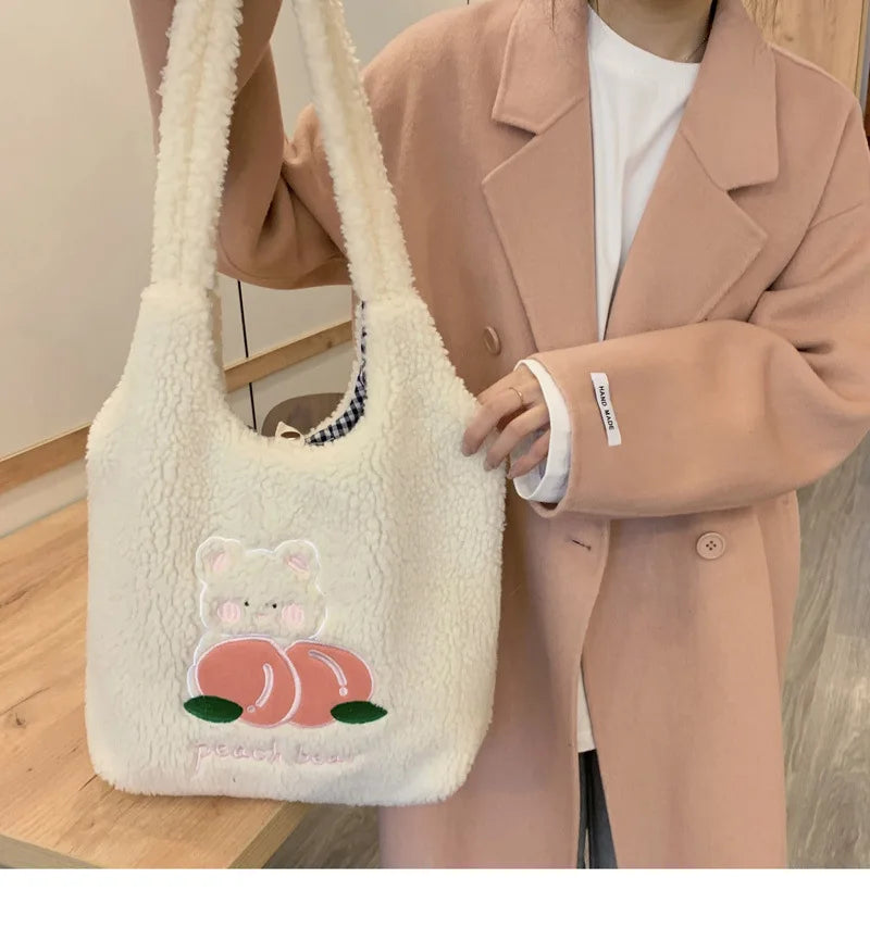 Teddy Fur Character Embroidery Tote Bag