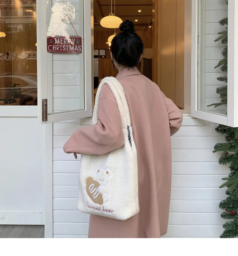 Teddy Fur Character Embroidery Tote Bag