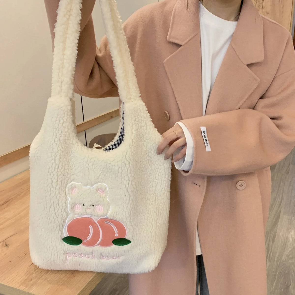 Teddy Fur Character Embroidery Tote Bag