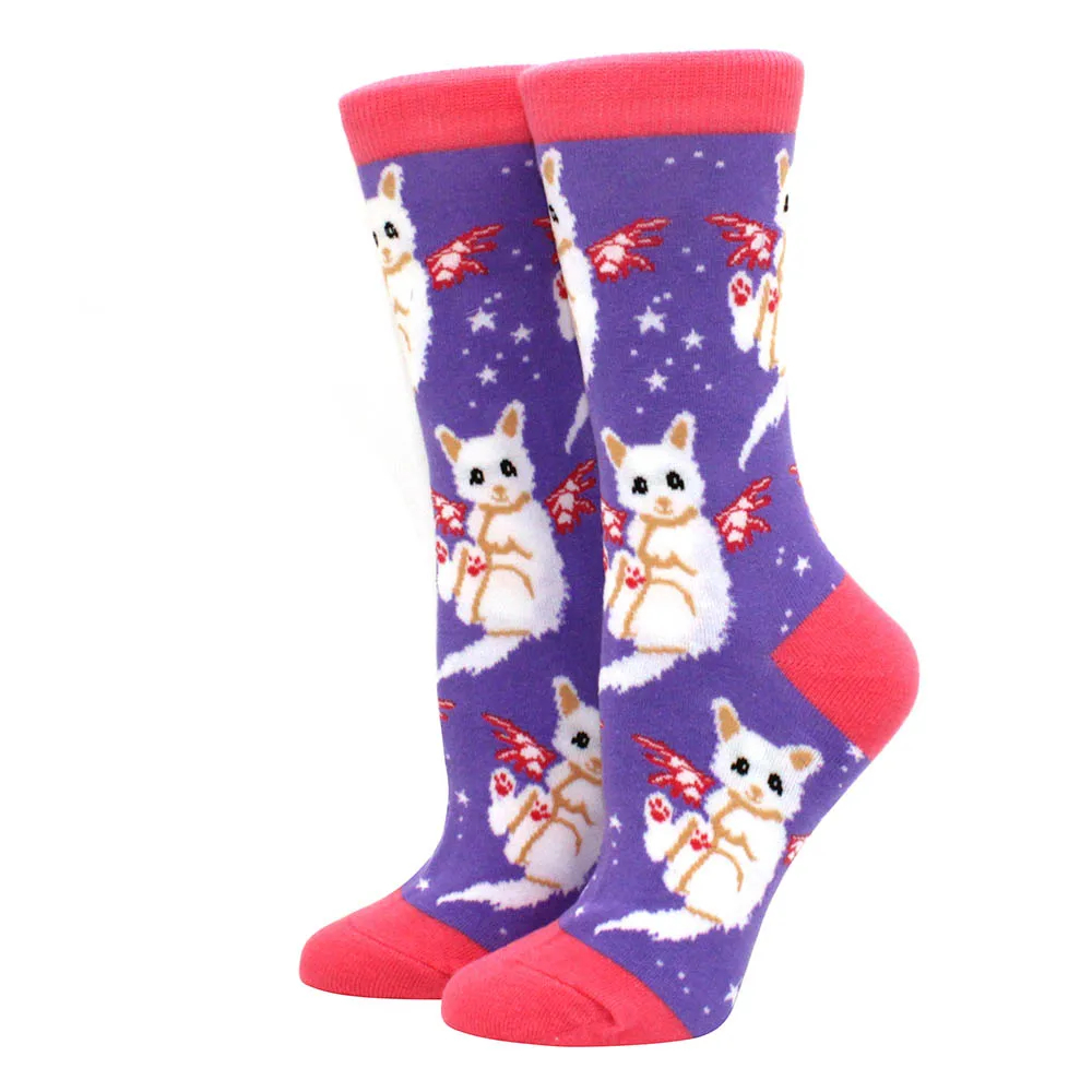 Purple socks with cartoon cats and red accents on a white background