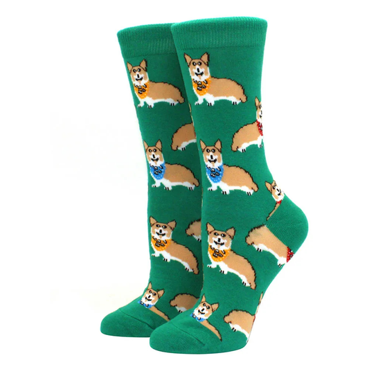 Green socks with corgi dog pattern on a white background