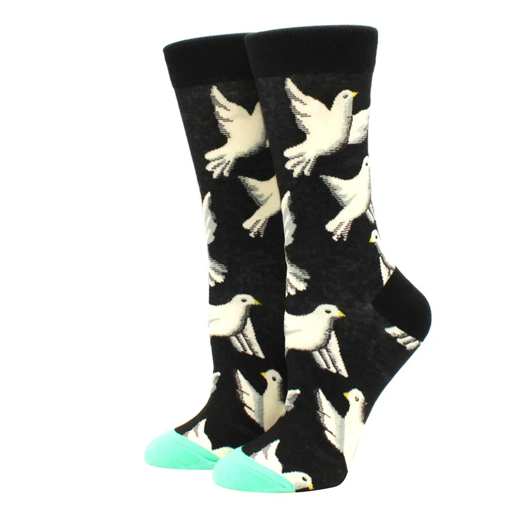 Black socks with white dove pattern on a white background