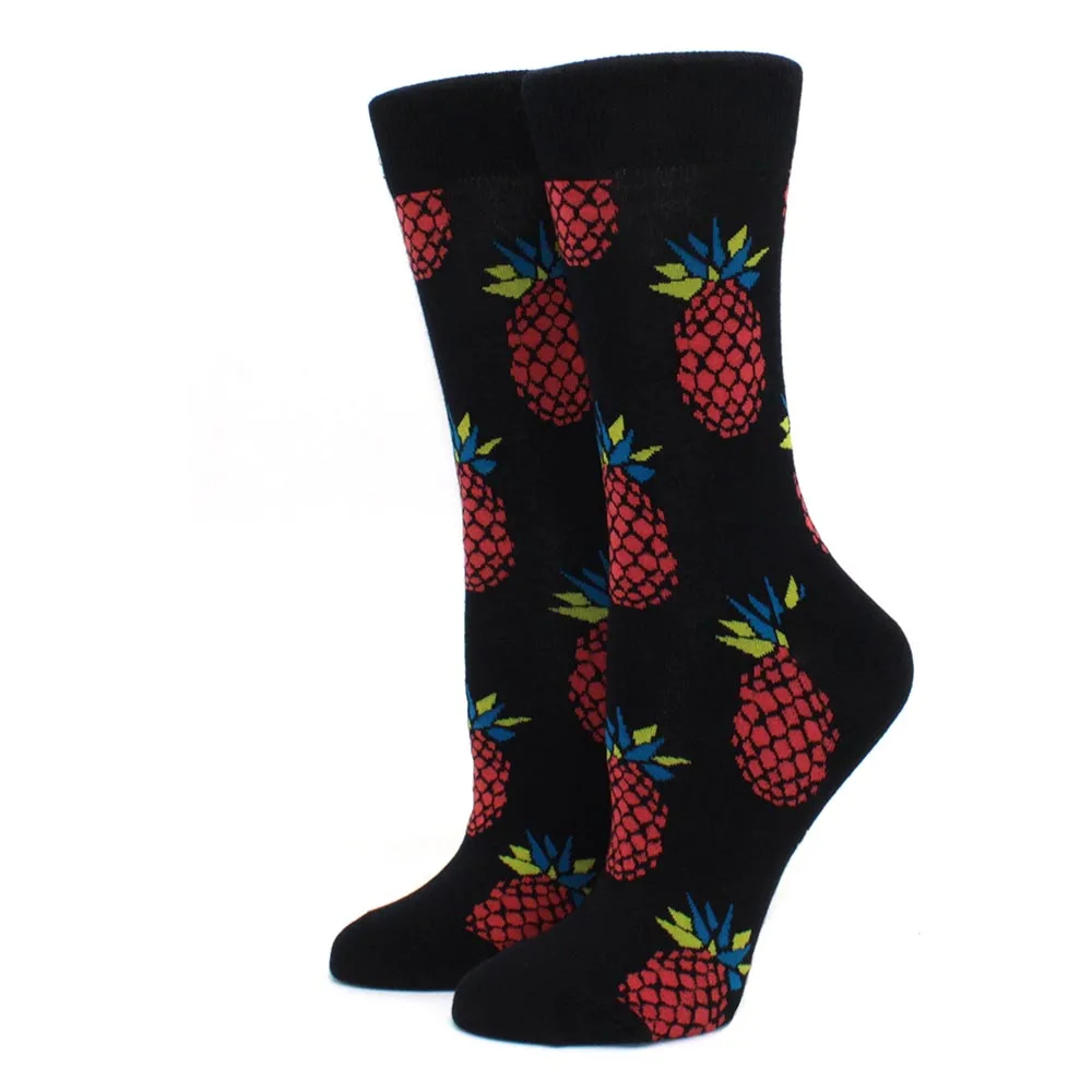 Black socks with colorful pineapple pattern on a white background