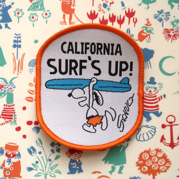 Snoopy Embroidery Patch // Surfing Snoopy from the Peanuts comic "California, Surf's Up!" embroidered patch badge appliqué