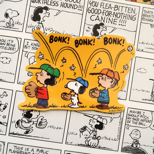 Snoopy Vinyl Sticker // Snoopy, Linus and Lucy from Peanuts comics "Bonk!" Baseball Glossy Vinyl Sticker