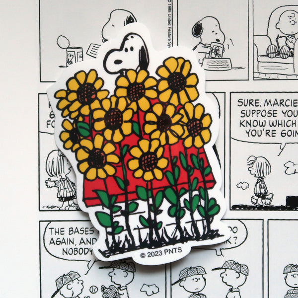 Snoopy Vinyl Sticker // Sunflower Doghouse Snoopy from Peanuts comics Waterproof Glossy Vinyl Sticker Decal