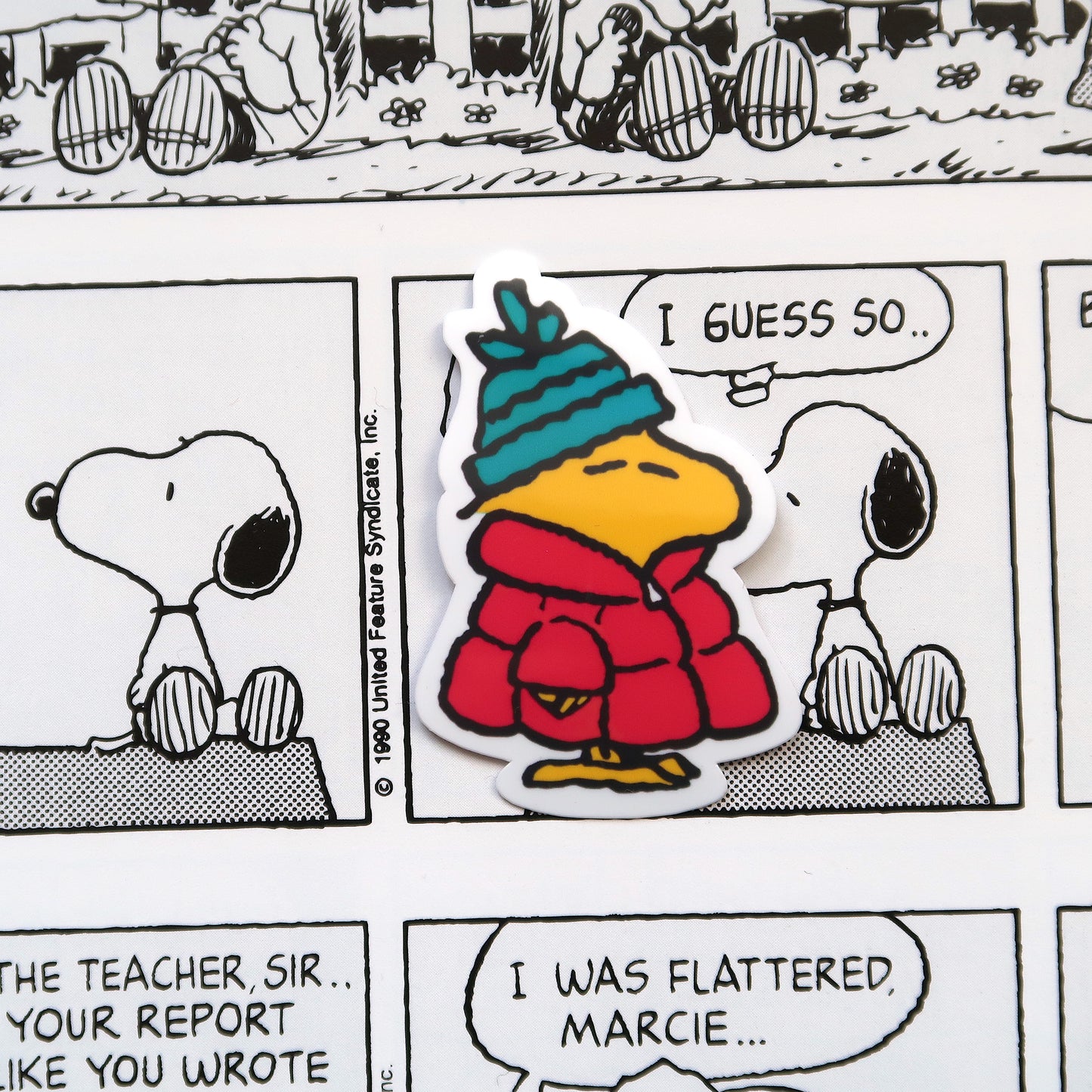 Woodstock Vinyl Sticker // Little Bird Woodstock from Peanuts comics Puffy Jacket Puffer Coat Glossy Vinyl Sticker