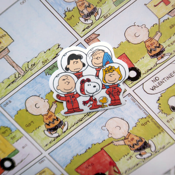 Snoopy Vinyl Sticker, Snoopy, Woodstock, Charlie Brown, Lucy, Sally and Linus from Peanuts comics astronaut space suit Glossy Vinyl Sticker