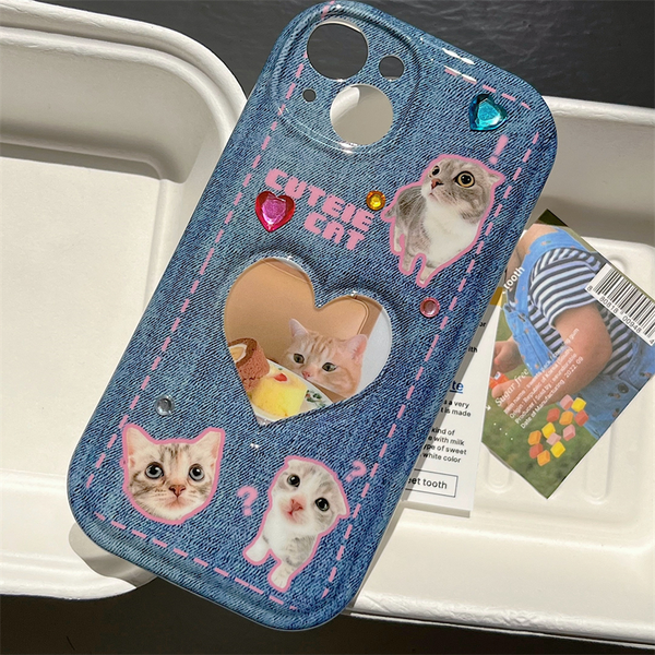 y2k Denim Cat Collage Heart Frame iPhone Case with 3D Sticker Sheet