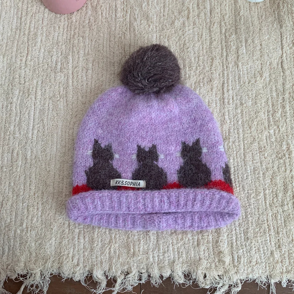 Kitten Row Knitted Pom Pom Beanie Hat