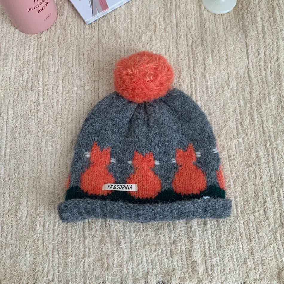 Kitten Row Knitted Pom Pom Beanie Hat