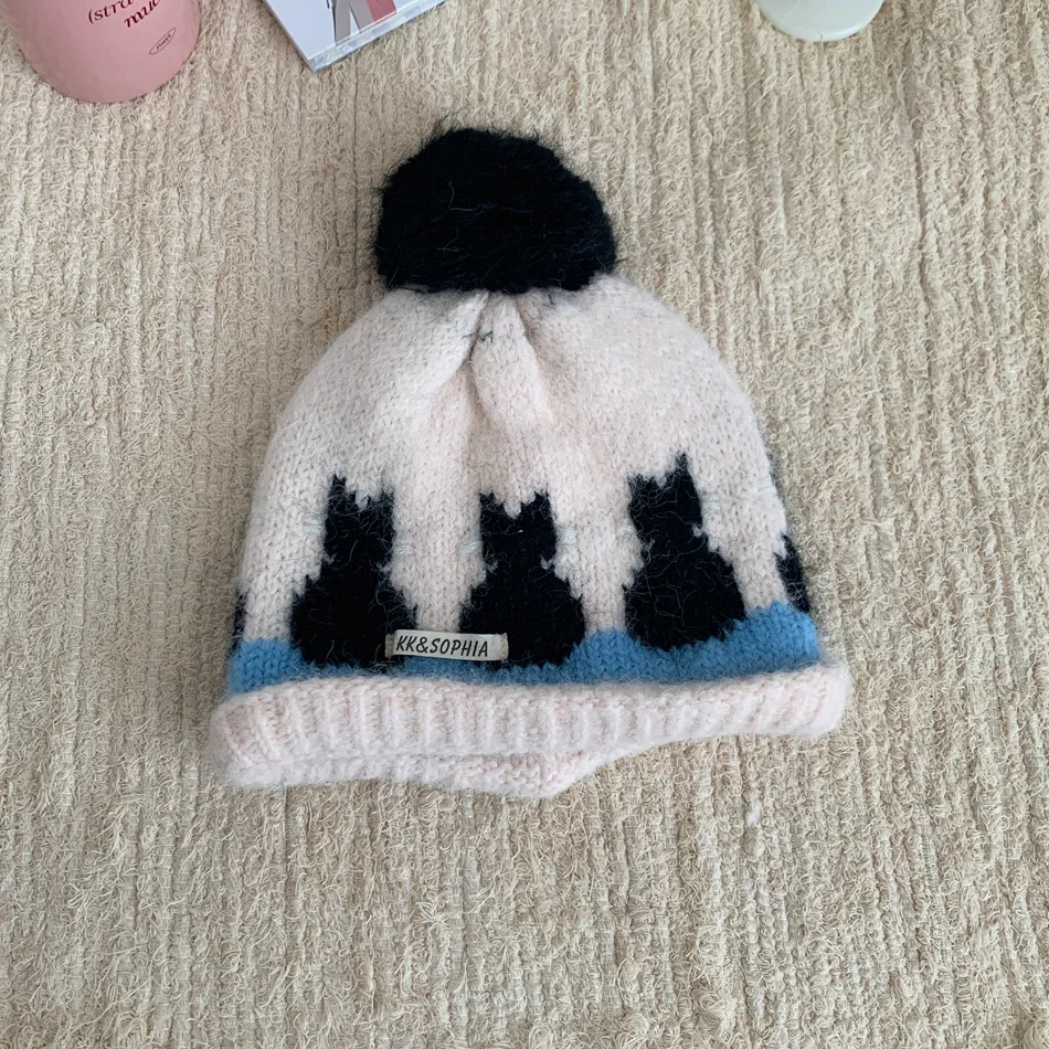 Kitten Row Knitted Pom Pom Beanie Hat
