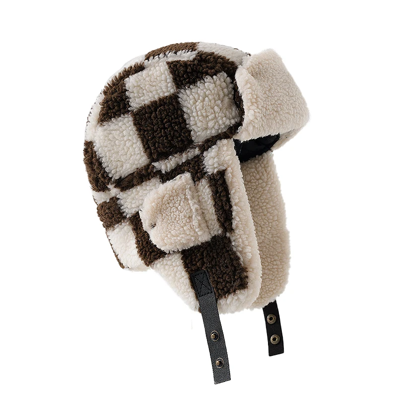 Teddy Fur Checkerboard Earflap Trapper Hat (4 Colours)