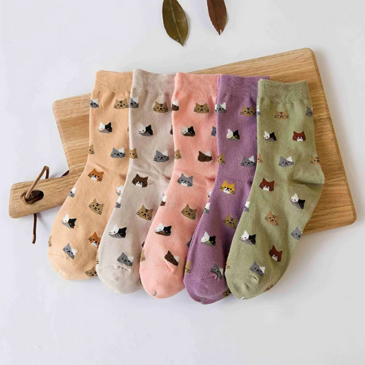 Cat Face Pattern Crew Socks (5 Colours)
