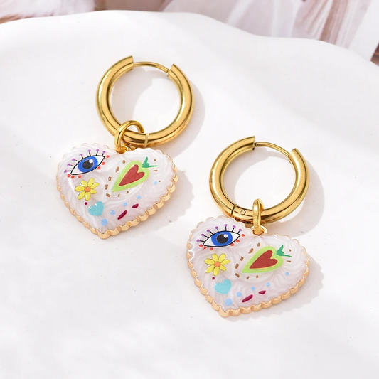 Heart Shaped Doodle Earrings - Ice Cream Cake