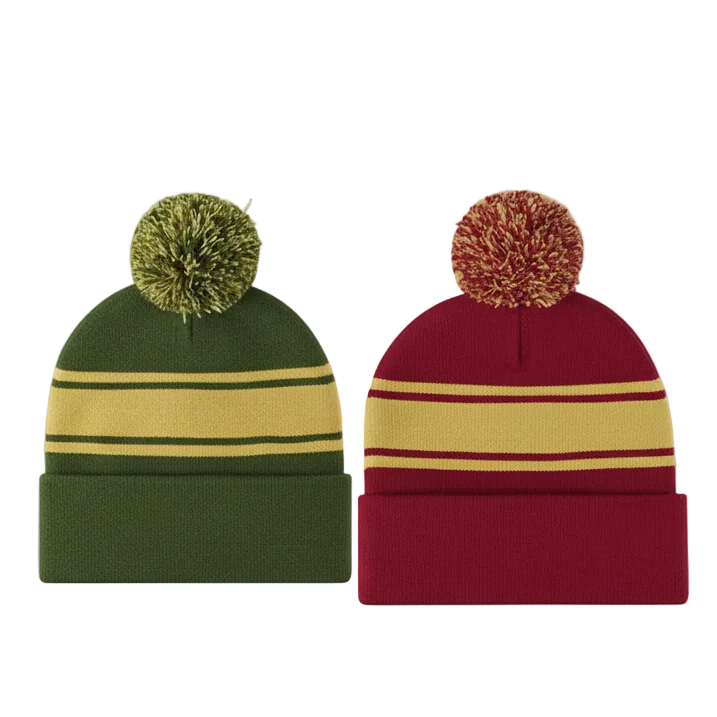 Two knitted caps with pom-poms, one green and yellow, one red and yellow, on a white background.