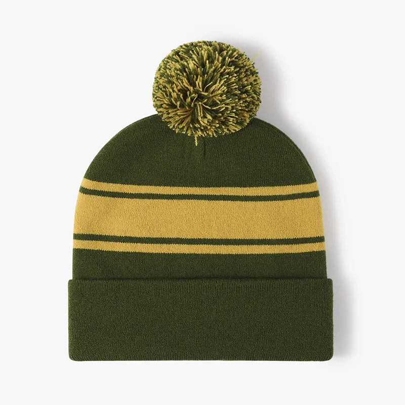 90s Pom Pom Striped Beanie Hat