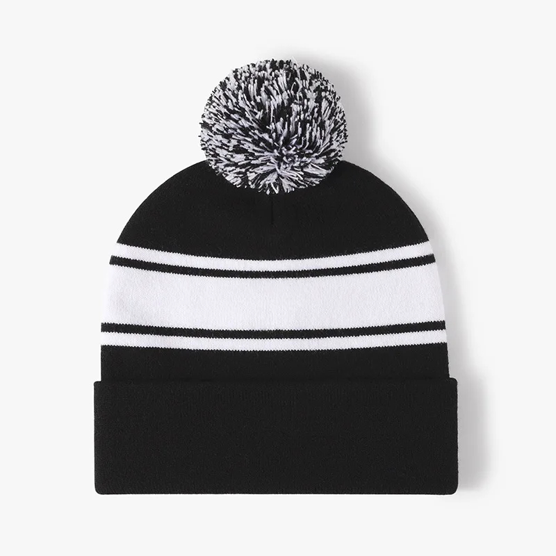 90s Pom Pom Striped Beanie Hat