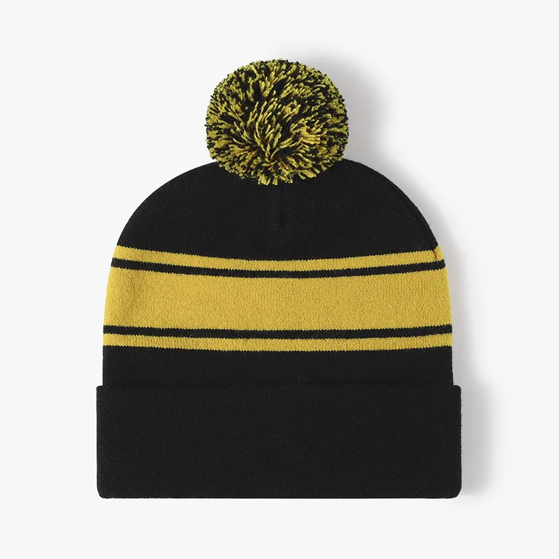 90s Pom Pom Striped Beanie Hat