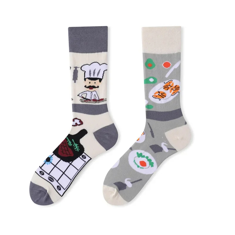 Two socks with chef and sushi design on a white background