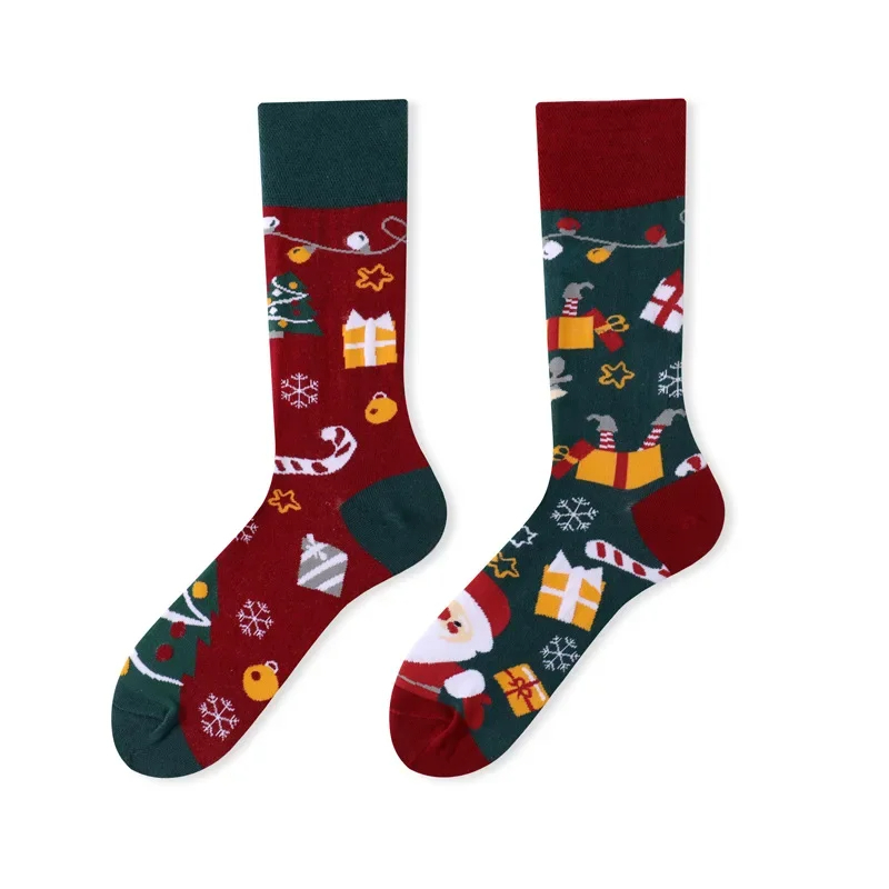 Two Christmas-themed socks with festive patterns on a white background