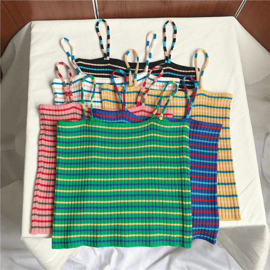 90s Stripe Knit Spaghetti Strap Top (6 Colours) - Ice Cream Cake